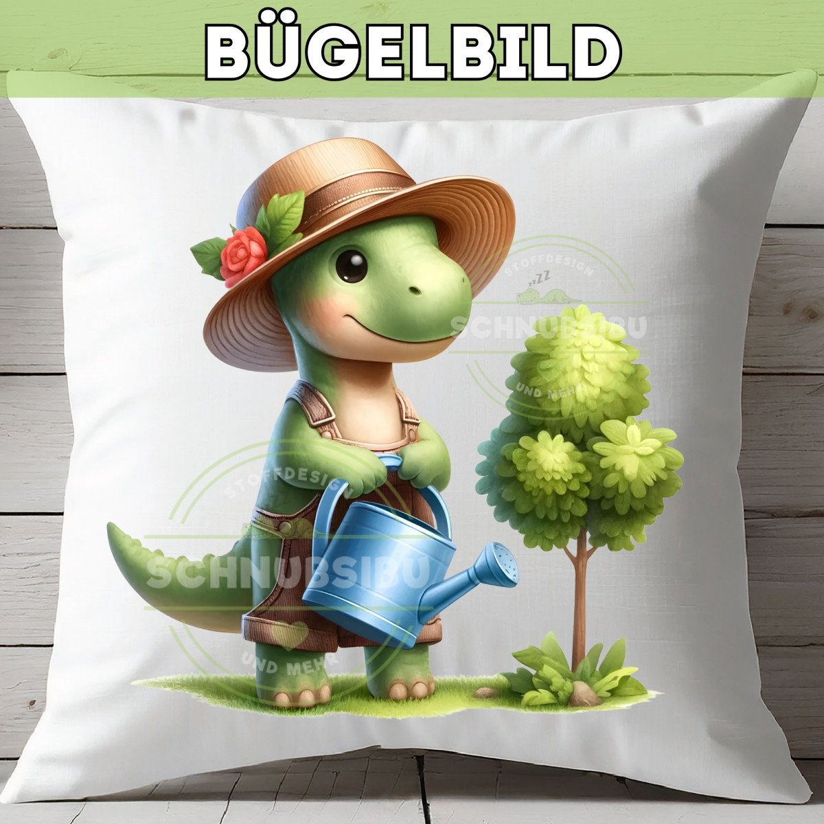 Bügelbild Niedlicher Dino im Garten